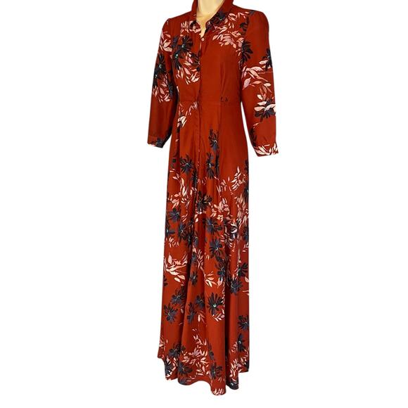 Free People After The Storm Brick Red Floral Print Boho Maxi Shirt Dress Size 0 - Picture 6 of 11